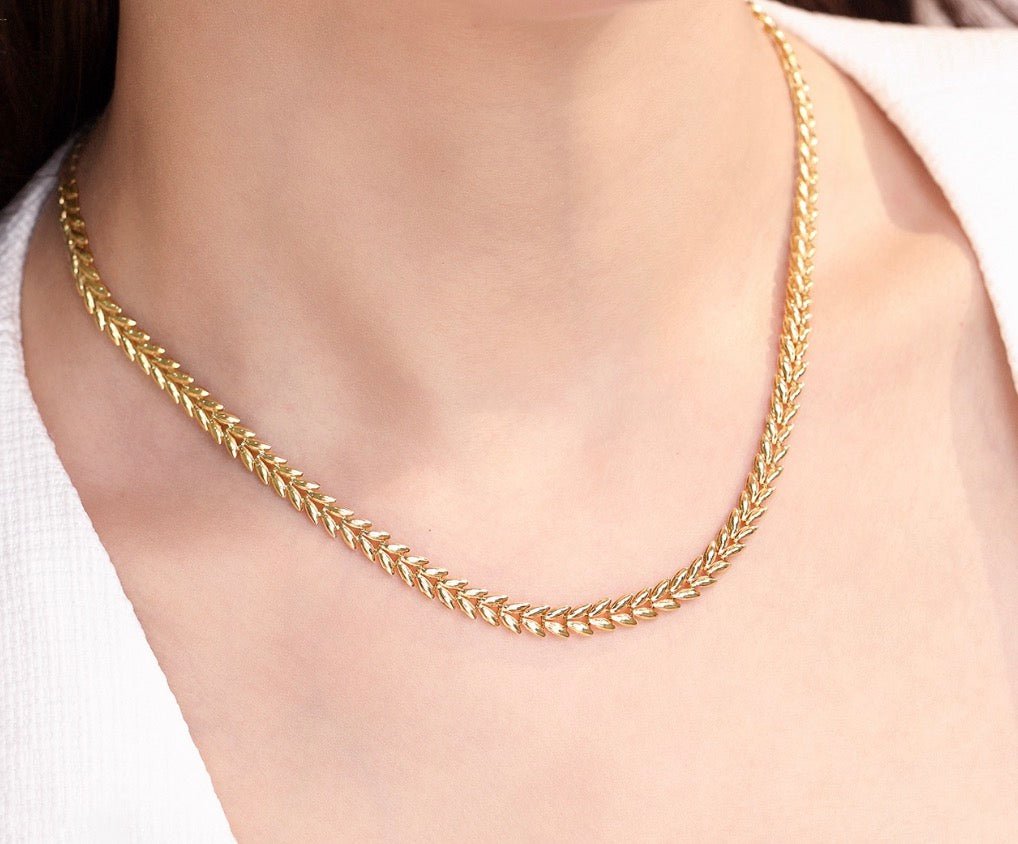 K18YG イエローゴールド ネックレス リーフモチーフ 太め 太い 5mm ボリューム リーフ 麦 イタリアンジュエリー 18K YG 40+5cm - Jewelry Hills Tokyo