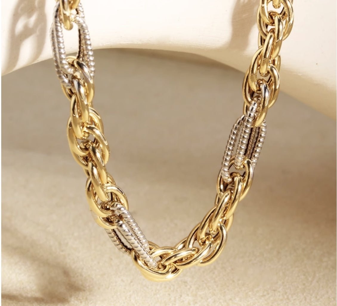 K18YG イエローゴールド K18WG ホワイトゴールド 18K ネックレス ミックスチェーン デザインチェーン 大ぶり 太い オーバル ツイスト 太め ボリューム - Jewelry Hills Tokyo