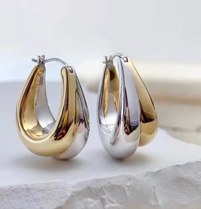 K18YG WG ぷっくり ティアドロップ リングピアス 中空ピアス イエローゴールド ドロップ型 18K YG 雫 涙 ツートン 2色 ダブルカラー - Jewelry Hills Tokyo