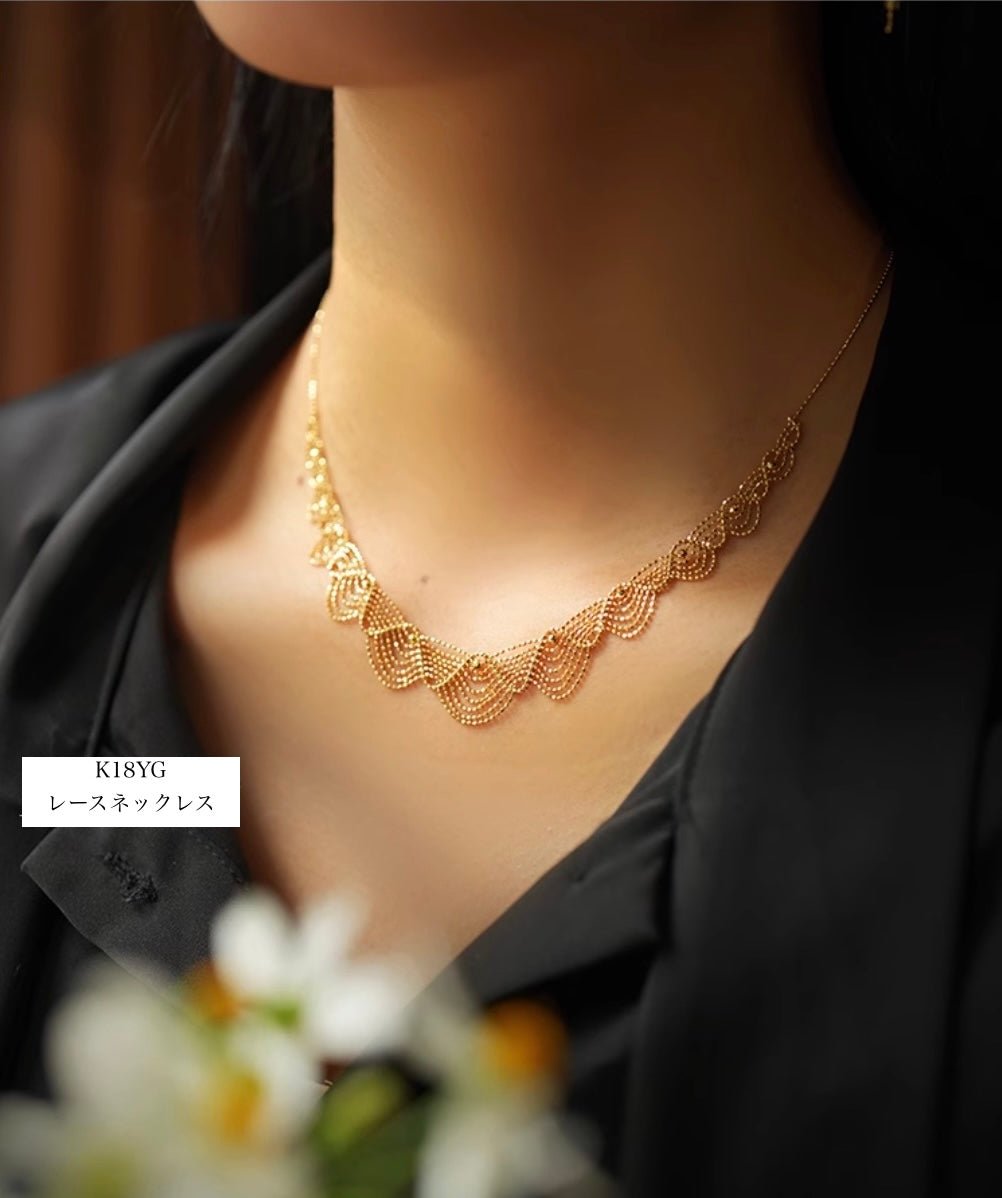 K18YG WG イエローゴールド ホワイトゴールド 18K レースネックレス フェアリーチェーン メッシュ レース YG ボールチェーン アジャスター - Jewelry Hills Tokyo