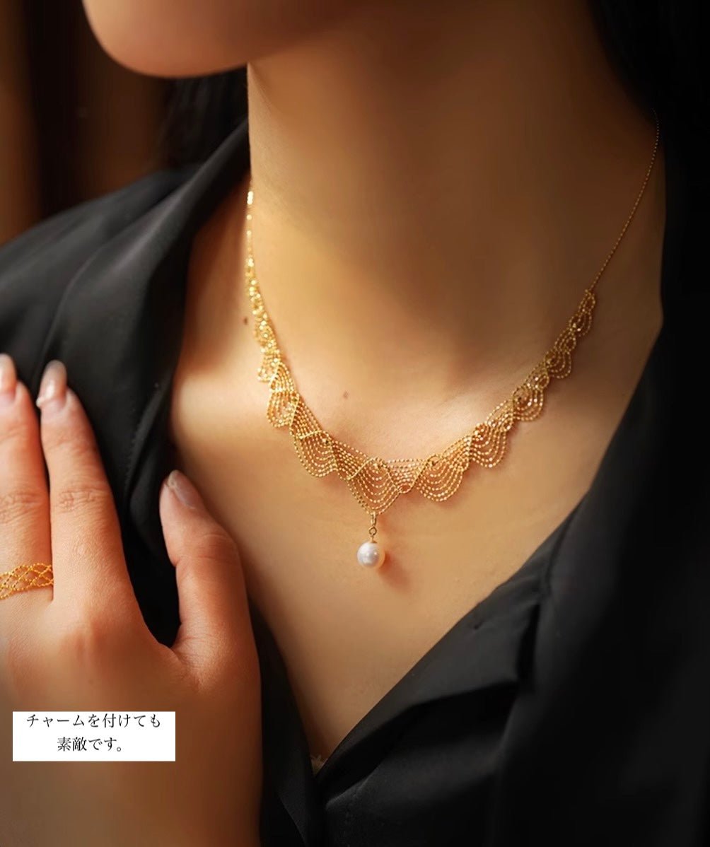K18YG WG イエローゴールド ホワイトゴールド 18K レースネックレス フェアリーチェーン メッシュ レース YG ボールチェーン アジャスター - Jewelry Hills Tokyo