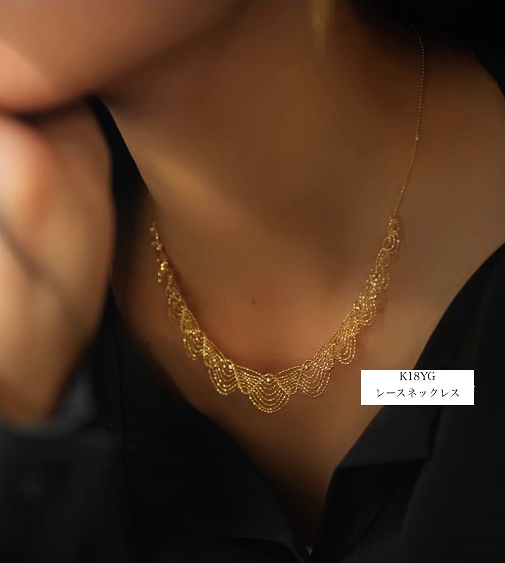 K18YG WG イエローゴールド ホワイトゴールド 18K レースネックレス フェアリーチェーン メッシュ レース YG ボールチェーン アジャスター - Jewelry Hills Tokyo