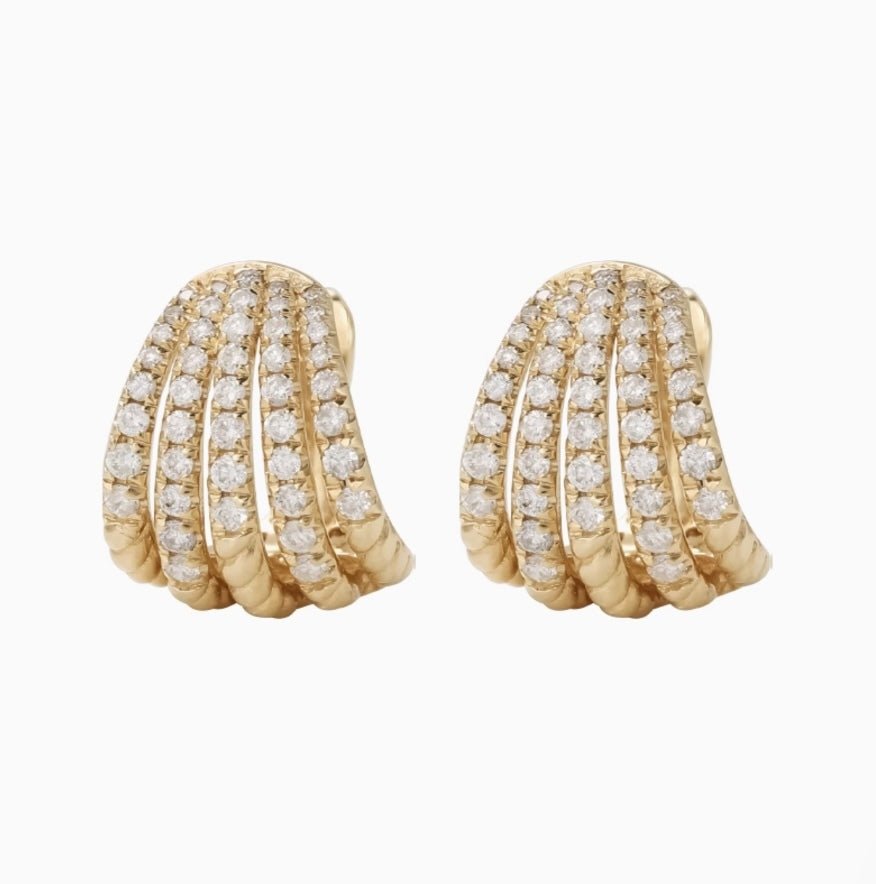K18YG WG PG ピアス ダイヤモンド リングピアス フープピアス 扇型 シェル ストライプ ダイヤ イエローゴールド YG 18K ぷっくり ティアドロップ ハイエンド - Jewelry Hills Tokyo