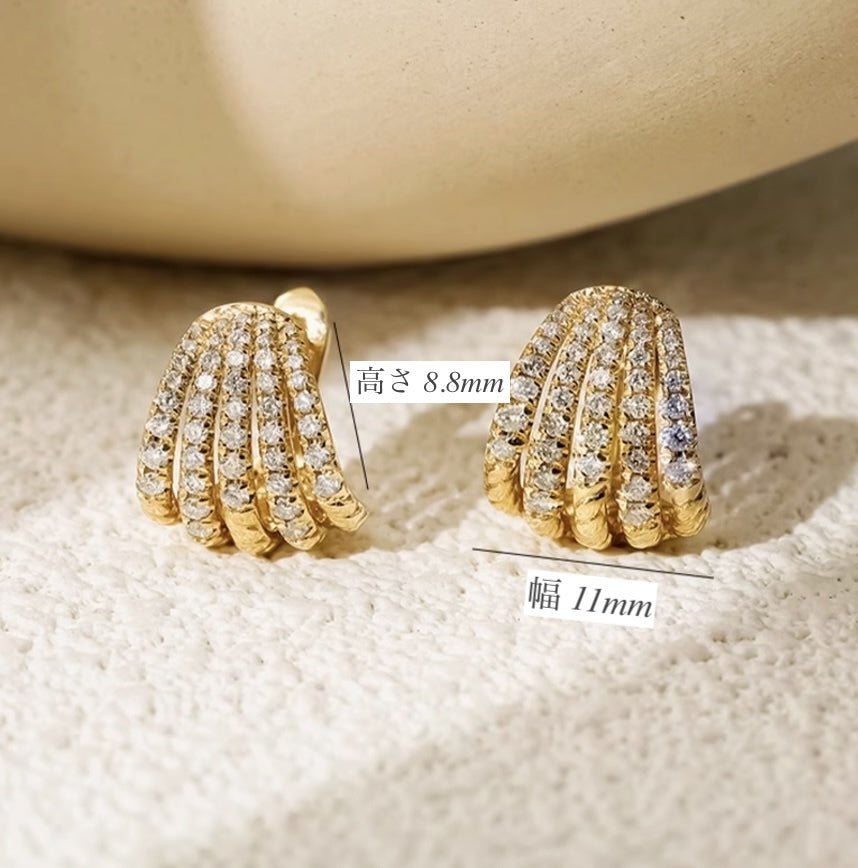 K18YG WG PG ピアス ダイヤモンド リングピアス フープピアス 扇型 シェル ストライプ ダイヤ イエローゴールド YG 18K ぷっくり ティアドロップ ハイエンド - Jewelry Hills Tokyo