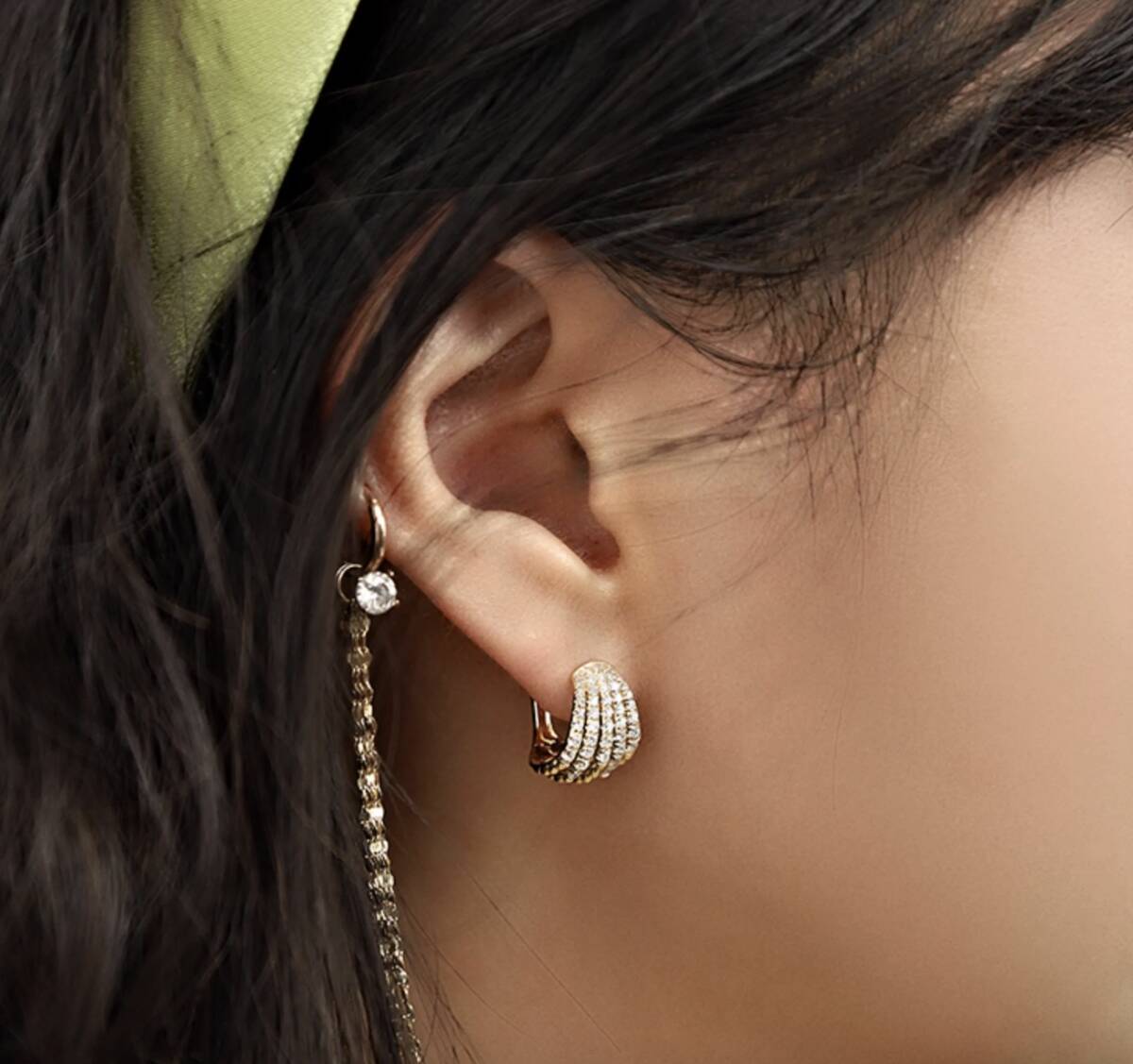 K18YG WG PG ピアス ダイヤモンド リングピアス フープピアス 扇型 シェル ストライプ ダイヤ イエローゴールド YG 18K ぷっくり ティアドロップ ハイエンド - Jewelry Hills Tokyo