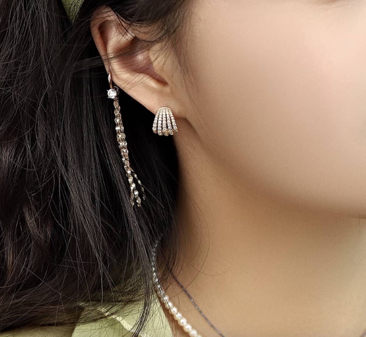 K18YG WG PG ピアス ダイヤモンド リングピアス フープピアス 扇型 シェル ストライプ ダイヤ イエローゴールド YG 18K ぷっくり ティアドロップ ハイエンド - Jewelry Hills Tokyo
