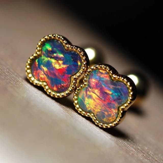 18k gold black opal studs clover earrings