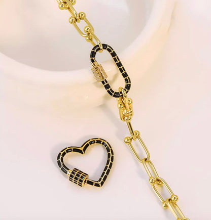 K18YG チャーム 繋ぎ ブラックエナメル スクエア ハート オーバル ダイヤモンド スクリュー ロック付き ロック式 ペンダント ねじ式 クラスプ コネクター YG イエローゴールド