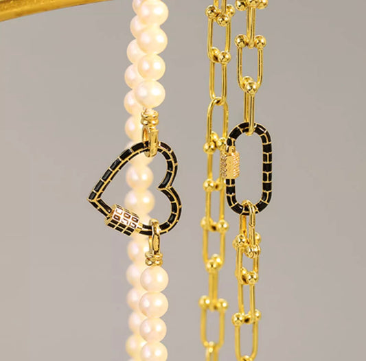 K18YG チャーム 繋ぎ ブラックエナメル スクエア ハート オーバル ダイヤモンド スクリュー ロック付き ロック式 ペンダント ねじ式 クラスプ コネクター YG イエローゴールド