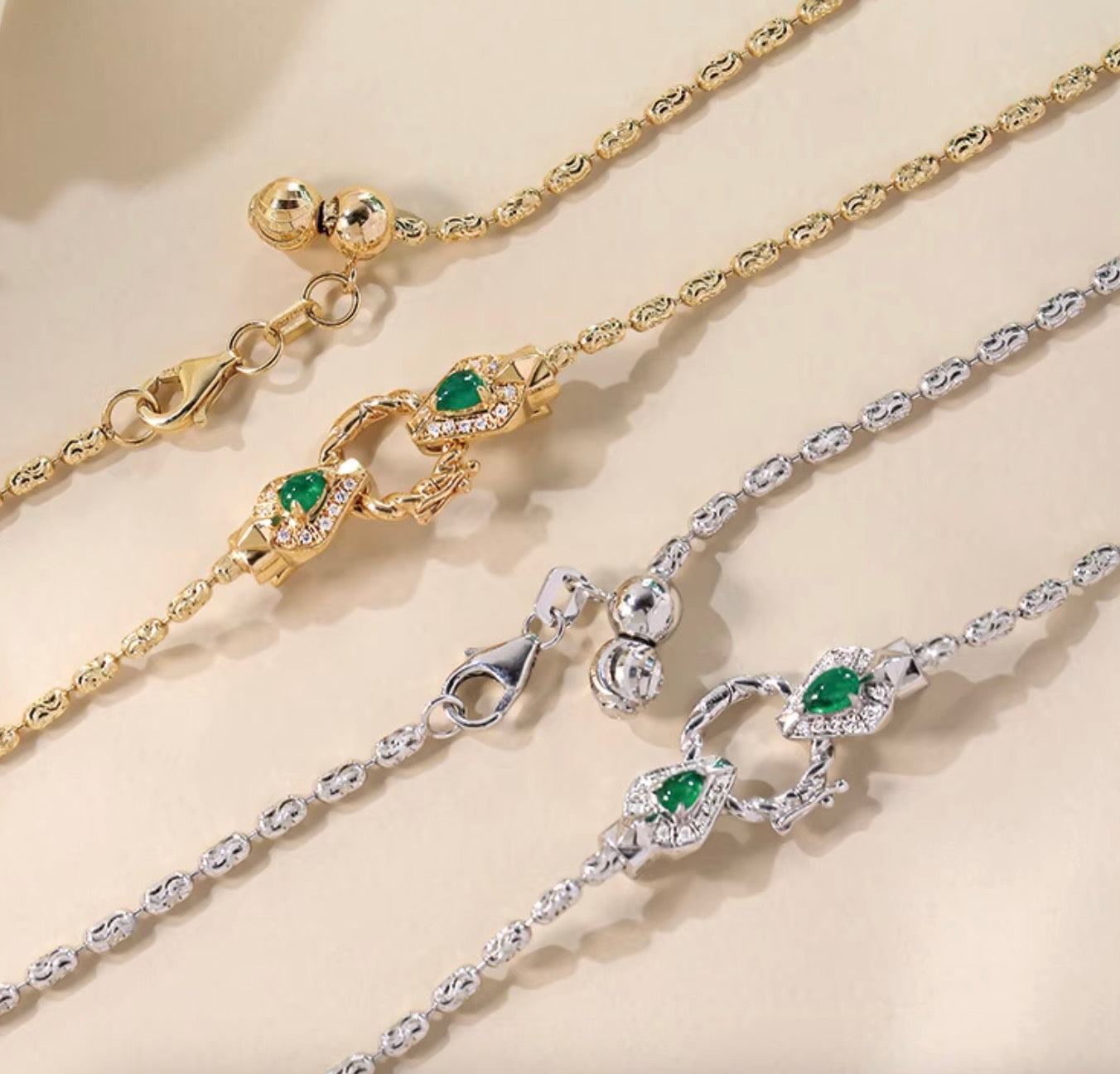 K18YG WG エメラルド ダイヤモンド ネックレス アジャスターチェーン バチカン ダイヤ 18K YG イエローゴールド K18WG ライスチェーン ビーンチェーン