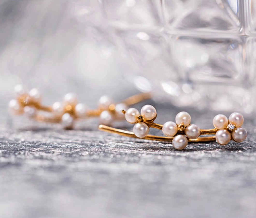 K18PG 真珠 ピンクゴールド 18K 18金 ダイヤモンド ダイヤ PG K18 フックピアス イヤーカフ 花 クローバー 四ツ葉 スマイル 淡水パール ミニ 小