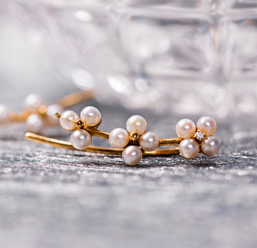 K18PG 真珠 ピンクゴールド 18K 18金 ダイヤモンド ダイヤ PG K18 フックピアス イヤーカフ 花 クローバー 四ツ葉 スマイル 淡水パール ミニ 小