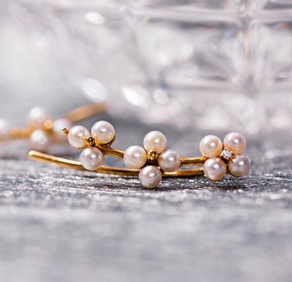 K18PG 真珠 ピンクゴールド 18K 18金 ダイヤモンド ダイヤ PG K18 フックピアス イヤーカフ 花 クローバー 四ツ葉 スマイル 淡水パール ミニ 小