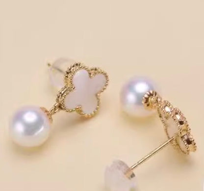 18k gold golden pearl earrings mother of pearl clover