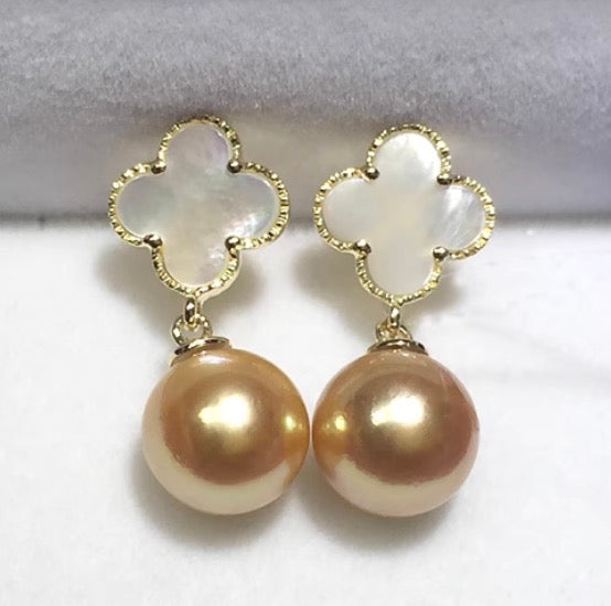 18k gold golden pearl earrings mother of pearl clover