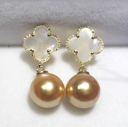 18k gold golden pearl earrings mother of pearl clover