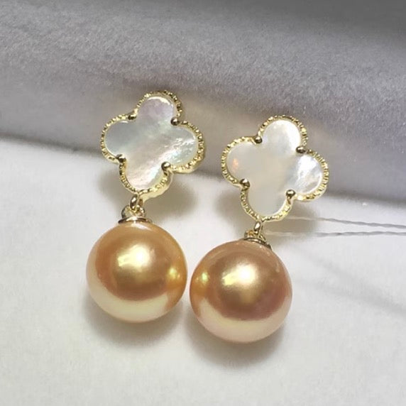 18k gold golden pearl earrings mother of pearl clover