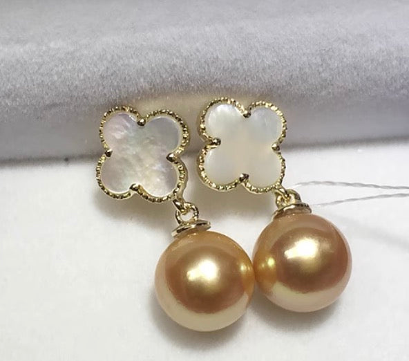 18k gold golden pearl earrings mother of pearl clover