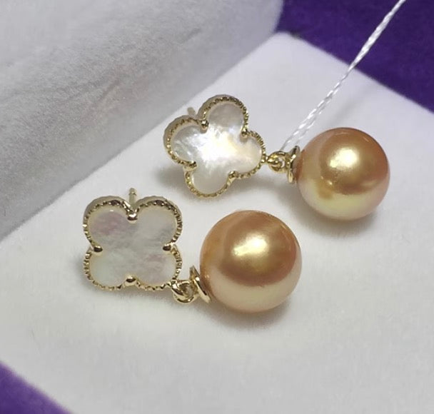 18k gold golden pearl earrings mother of pearl clover
