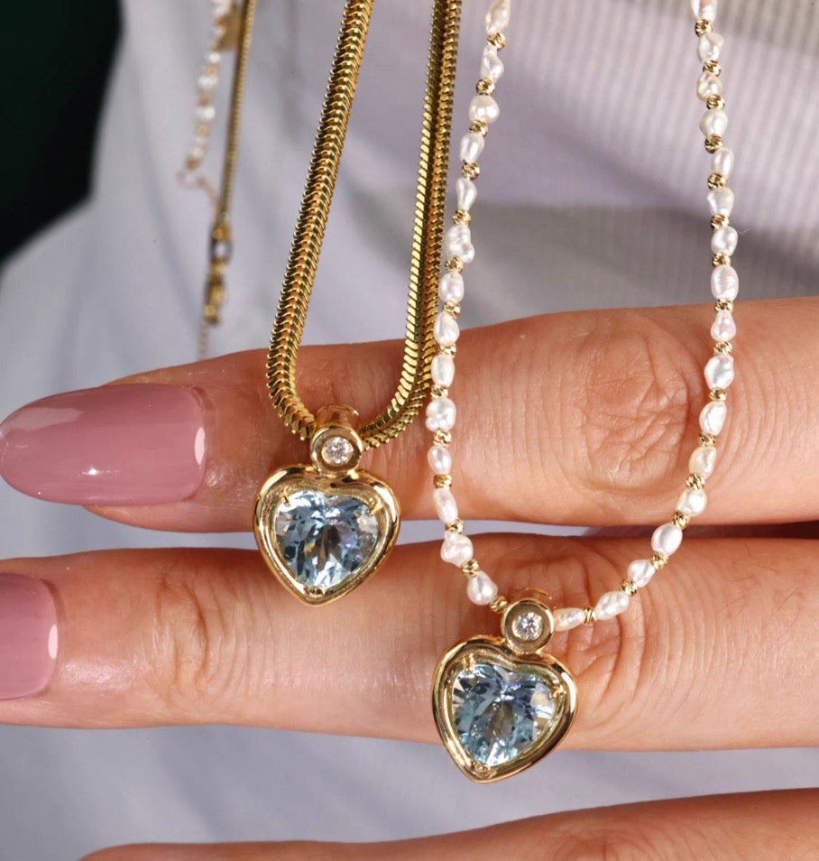 18k yellow gold jewelry diamond heart aquamarine pendant