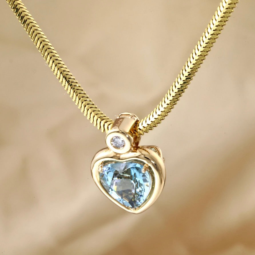 18k yellow gold jewelry diamond heart aquamarine pendant