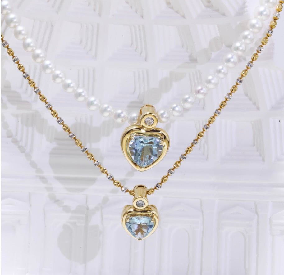 18k yellow gold jewelry diamond heart aquamarine pendant