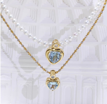 18k yellow gold jewelry diamond heart aquamarine pendant