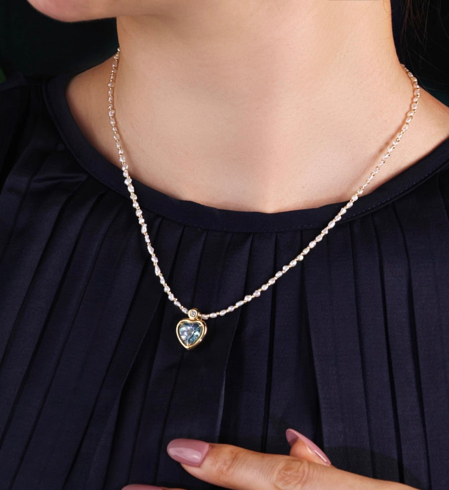 18k yellow gold jewelry diamond heart aquamarine pendant