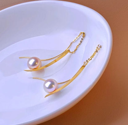 18K gold akoya pearl dangling S earrings