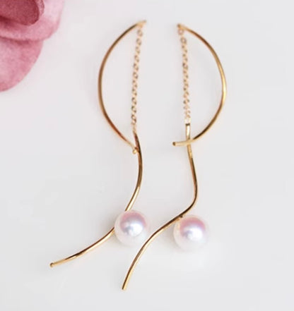 K18YG あこや真珠 ロングピアス S字 ウェーブ アコヤ真珠 ピアス 18K akoya pearls イエローゴールド ツイスト S