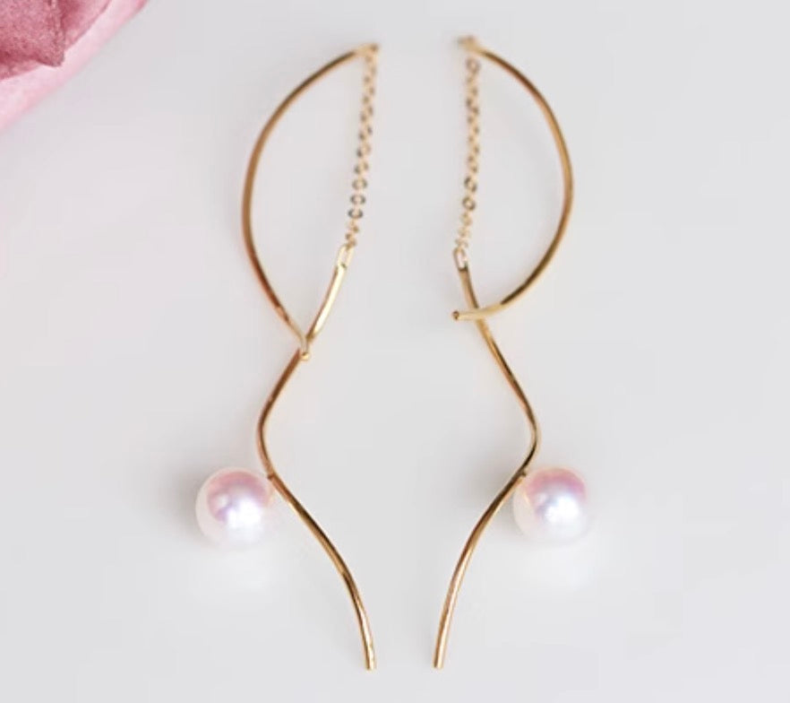 K18YG あこや真珠 ロングピアス S字 ウェーブ アコヤ真珠 ピアス 18K akoya pearls イエローゴールド ツイスト S