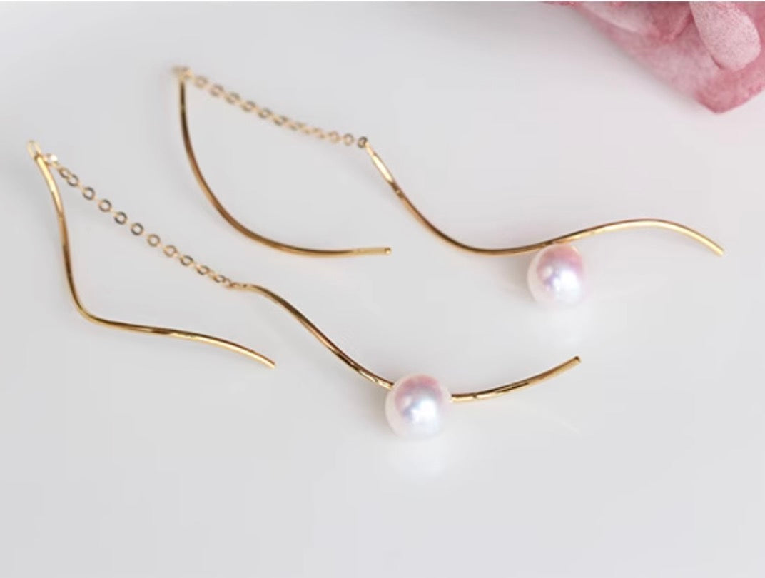 K18YG あこや真珠 ロングピアス S字 ウェーブ アコヤ真珠 ピアス 18K akoya pearls イエローゴールド ツイスト S
