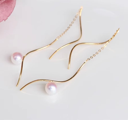 K18YG あこや真珠 ロングピアス S字 ウェーブ アコヤ真珠 ピアス 18K akoya pearls イエローゴールド ツイスト S