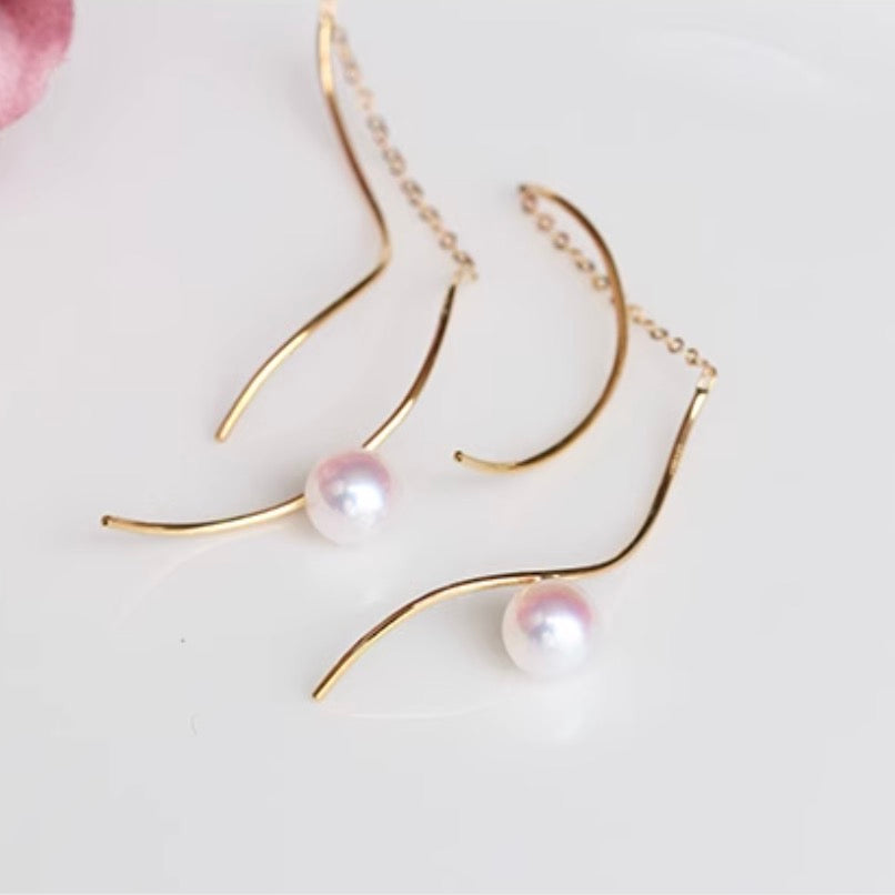 K18YG あこや真珠 ロングピアス S字 ウェーブ アコヤ真珠 ピアス 18K akoya pearls イエローゴールド ツイスト S
