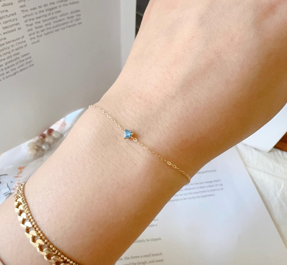 K14YG アクアマリン ブレスレット 14K ブレス イエローゴールド ハート ハート型 スクエア ワンポイント 細め シンプル