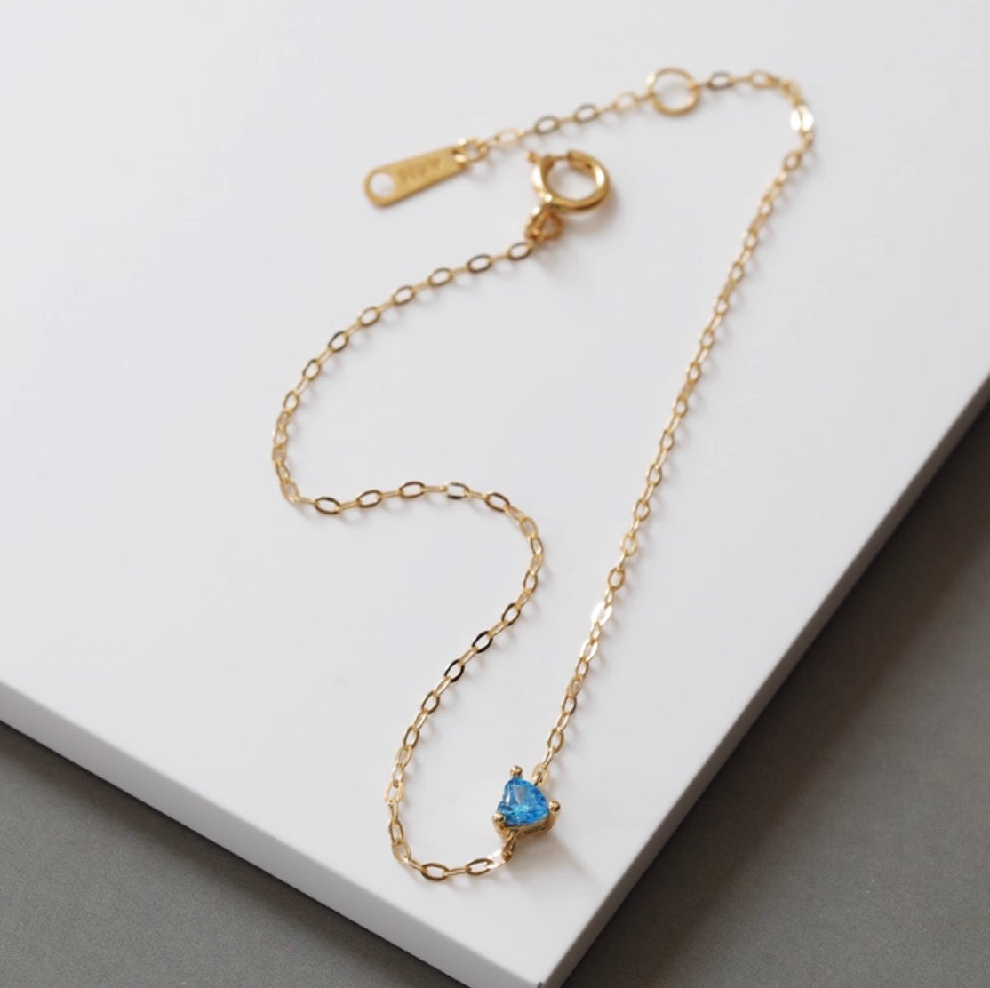 K14YG アクアマリン ブレスレット 14K ブレス イエローゴールド ハート ハート型 スクエア ワンポイント 細め シンプル