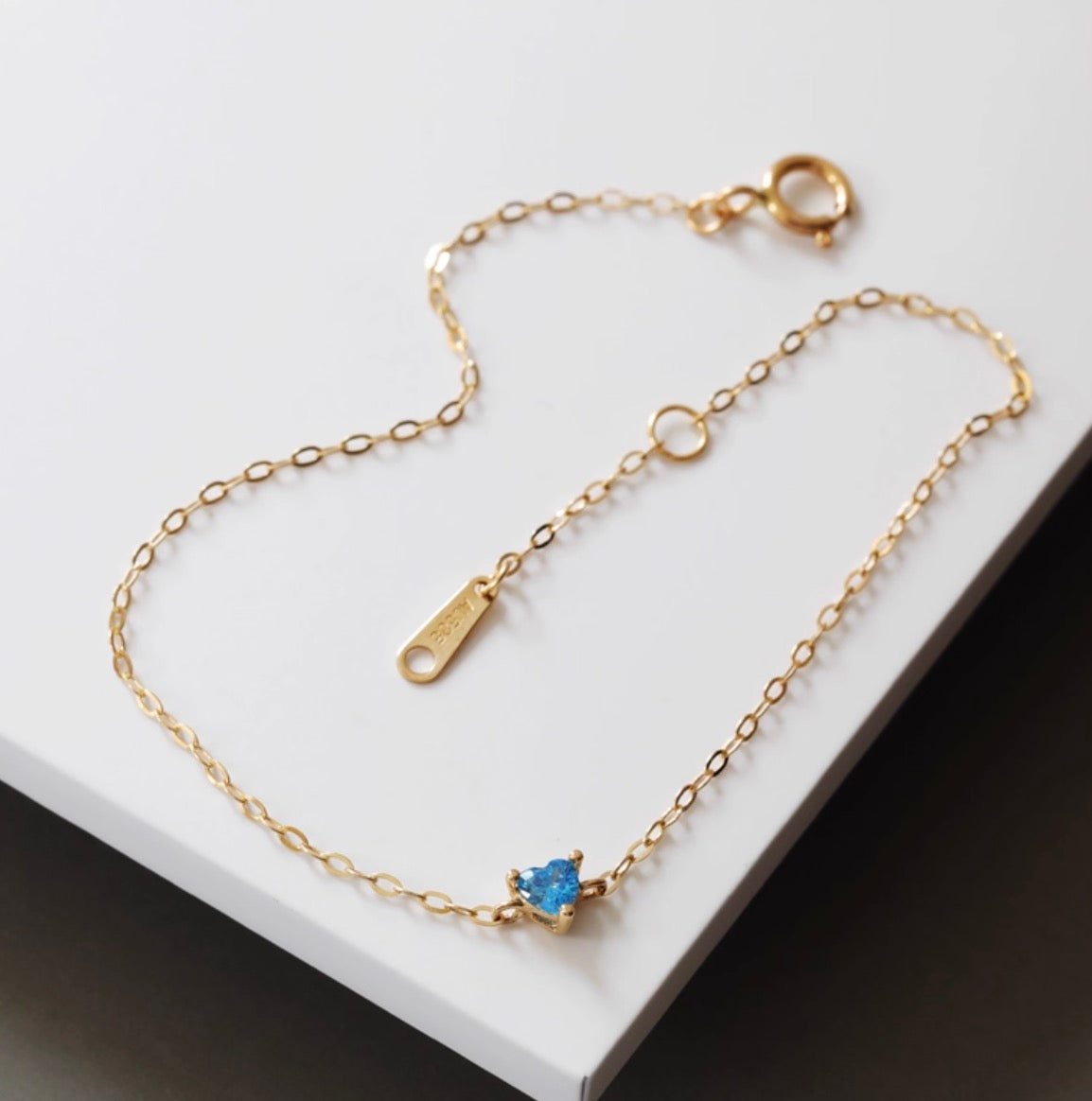 K14YG アクアマリン ブレスレット 14K ブレス イエローゴールド ハート ハート型 スクエア ワンポイント 細め シンプル