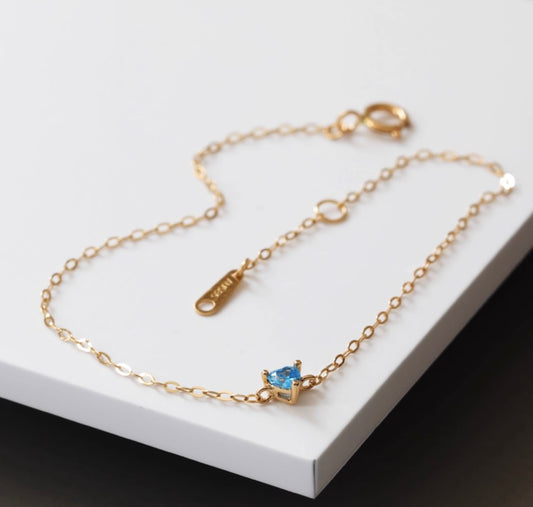 K14YG アクアマリン ブレスレット 14K ブレス イエローゴールド ハート ハート型 スクエア ワンポイント 細め シンプル