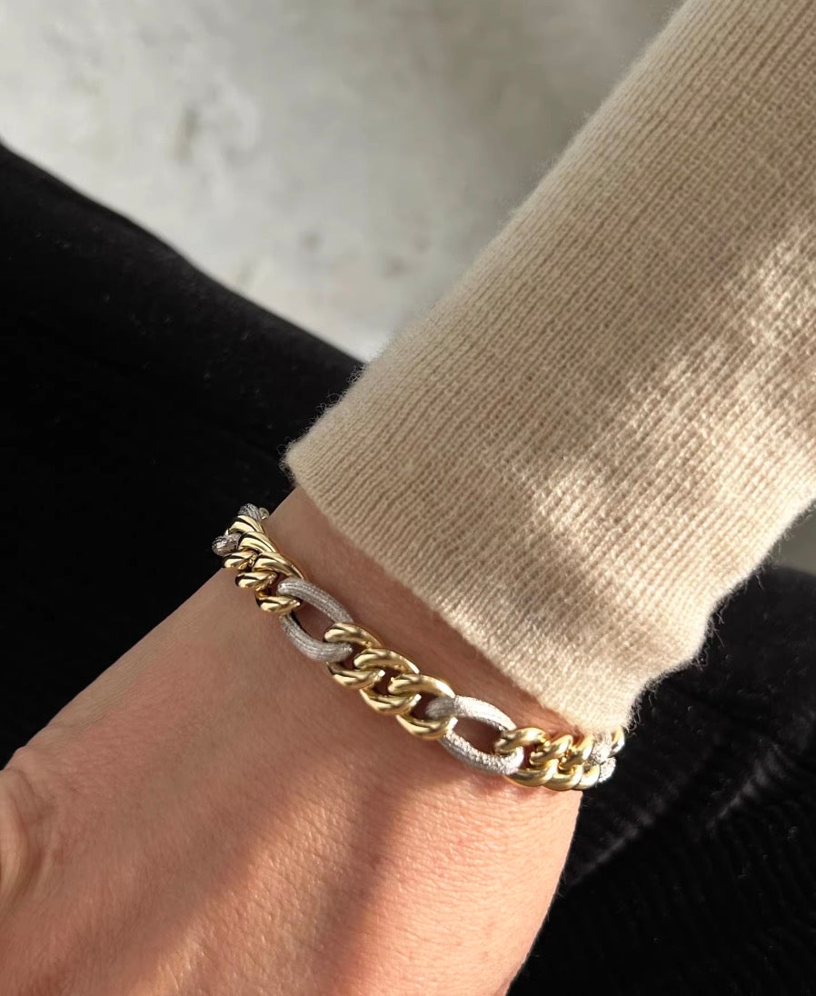 K18YG WG 喜平チェーン オーバル ツイスト ブレスレット 太め 18K メンズ レディース ミックスチェーン イエローゴールド ホワイトゴールド