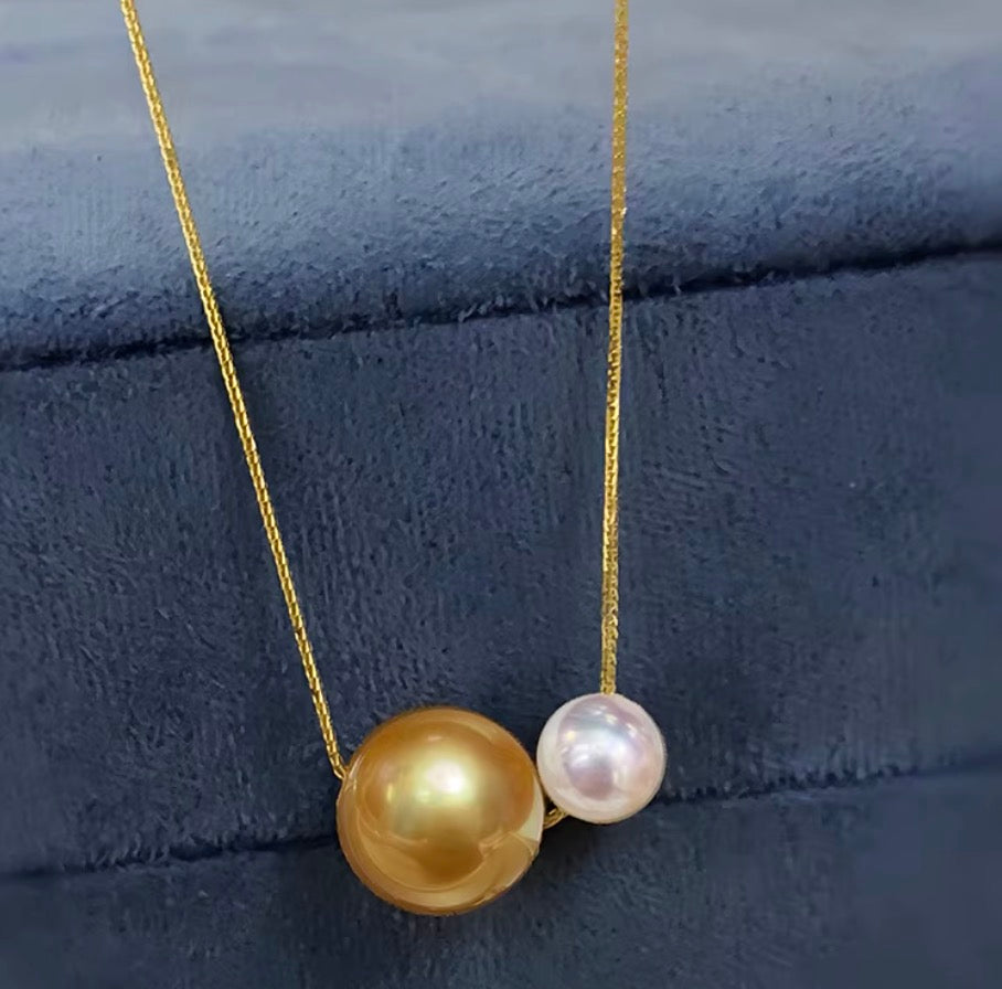 K18YG あこや真珠 ゴールデンパール ネックレス 2way ツインパール ペンダント 双子 スルー 18K ベネチアンチェーン ボックスチェーン