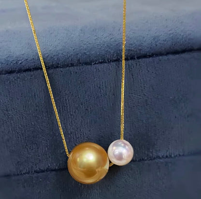 K18YG あこや真珠 ゴールデンパール ネックレス 2way ツインパール ペンダント 双子 スルー 18K ベネチアンチェーン ボックスチェーン