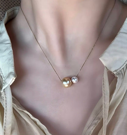 K18YG あこや真珠 ゴールデンパール ネックレス 2way ツインパール ペンダント 双子 スルー 18K ベネチアンチェーン ボックスチェーン