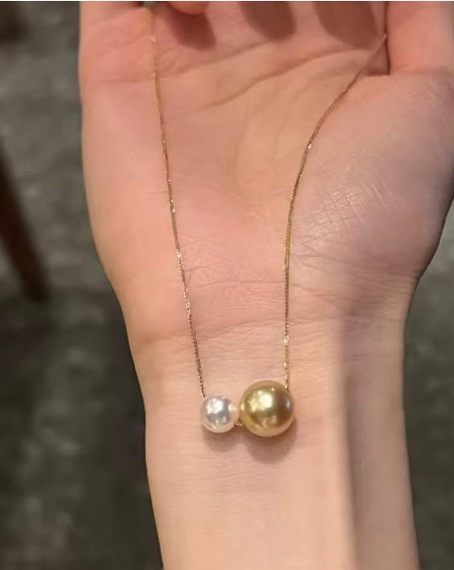 K18YG あこや真珠 ゴールデンパール ネックレス 2way ツインパール ペンダント 双子 スルー 18K ベネチアンチェーン ボックスチェーン
