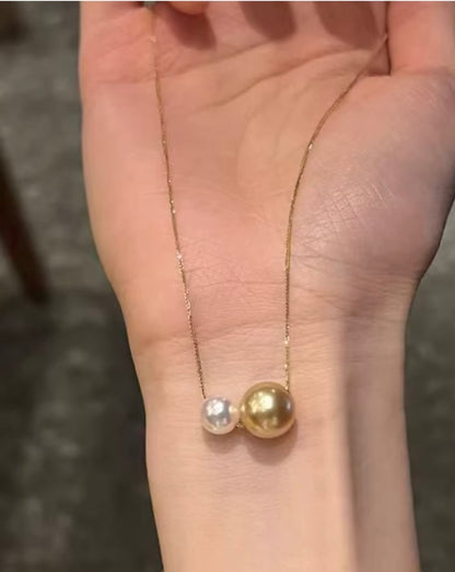 K18YG あこや真珠 ゴールデンパール ネックレス 2way ツインパール ペンダント 双子 スルー 18K ベネチアンチェーン ボックスチェーン