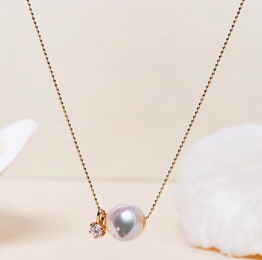 K18YG あこや真珠 スルーネックレス ペンダント ダイヤモンド 18K YG K18 イエローゴールド ダイヤ ネックレス 一粒 ショパンチェーン