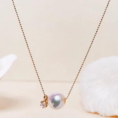 K18YG あこや真珠 スルーネックレス ペンダント ダイヤモンド 18K YG K18 イエローゴールド ダイヤ ネックレス 一粒 ショパンチェーン