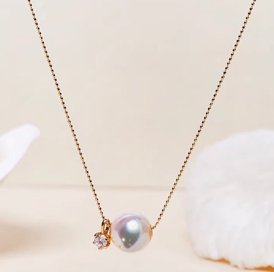 K18YG あこや真珠 スルーネックレス ペンダント ダイヤモンド 18K YG K18 イエローゴールド ダイヤ ネックレス 一粒 ショパンチェーン