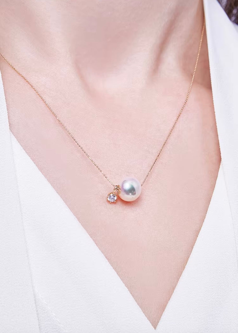 K18YG あこや真珠 スルーネックレス ペンダント ダイヤモンド 18K YG K18 イエローゴールド ダイヤ ネックレス 一粒 ショパンチェーン