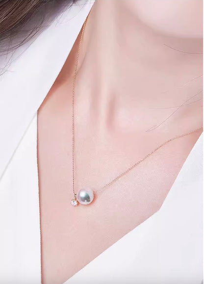 K18YG あこや真珠 スルーネックレス ペンダント ダイヤモンド 18K YG K18 イエローゴールド ダイヤ ネックレス 一粒 ショパンチェーン