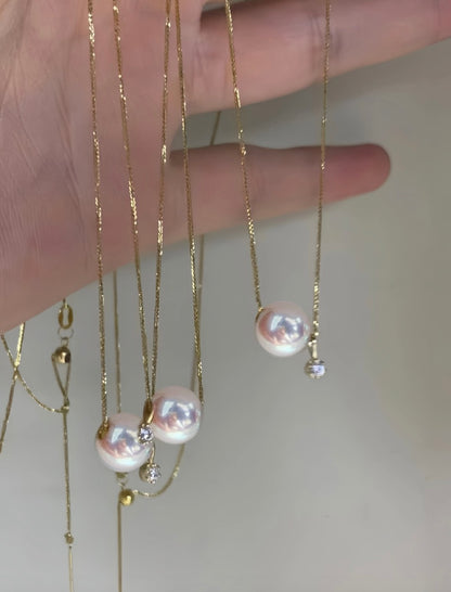 K18YG あこや真珠 スルーネックレス ペンダント ダイヤモンド 18K YG K18 イエローゴールド ダイヤ ネックレス 一粒 ショパンチェーン